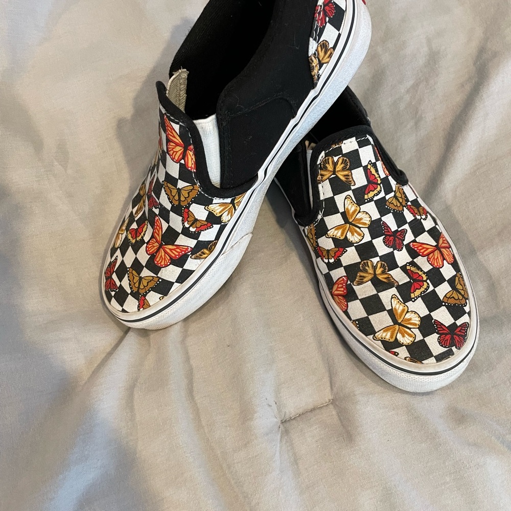 Vans Black and White Checkered Butterfly Slip-On Sneakers with Classic Style